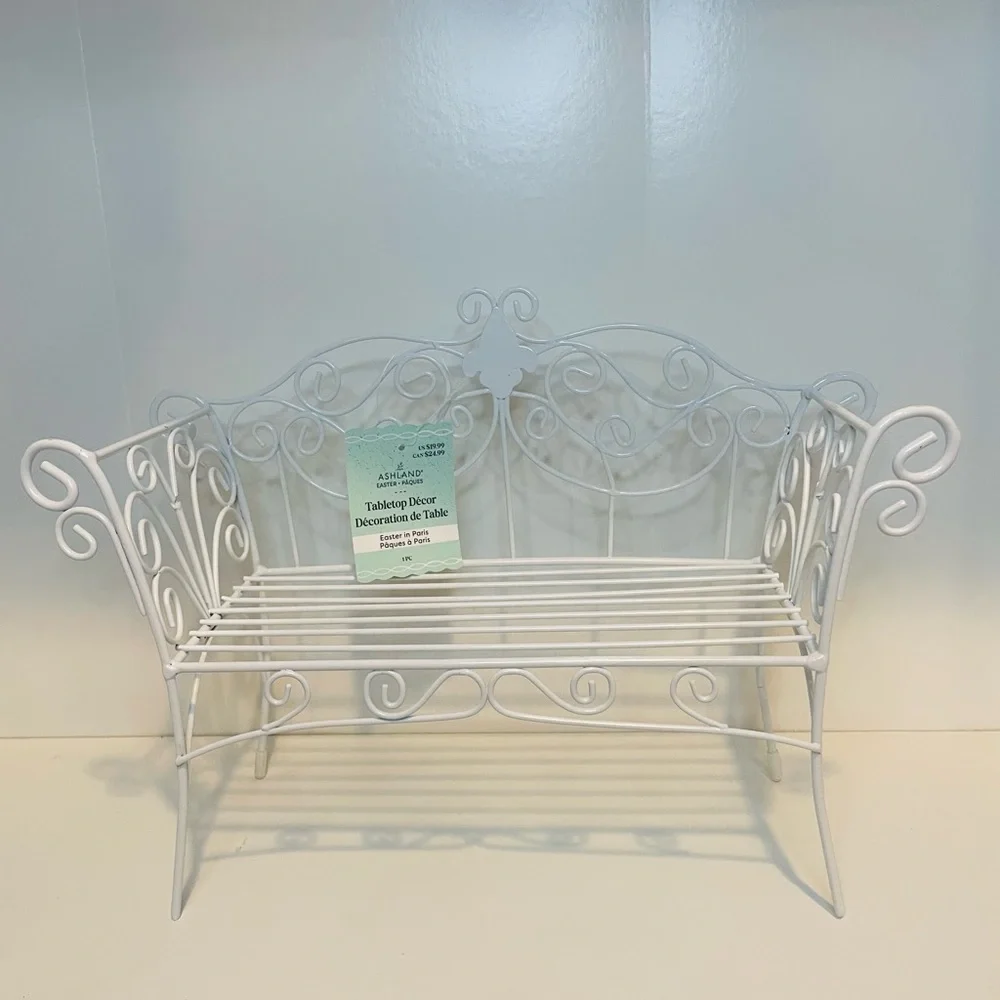 White Metal Scrollwork Bench, Home Decor, Spring Tabletop decor